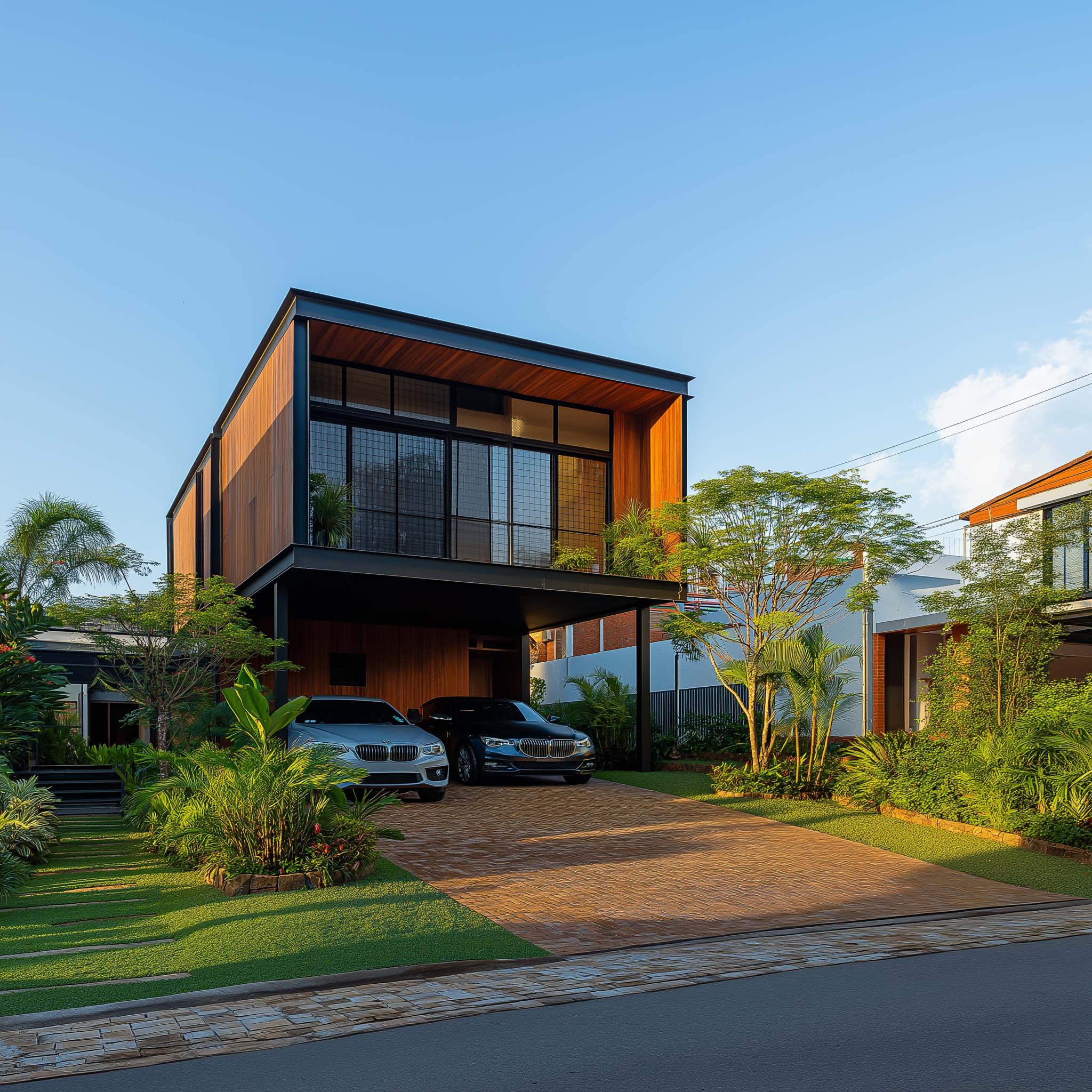 Residência contemporânea de dois pavimentos com fachada em madeira e estrutura metálica, garagem com dois veículos e jardim tropical.