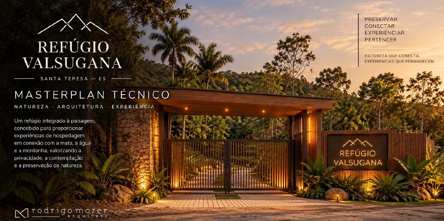 Portal de acesso ao Refúgio Valsugana ao entardecer, capa do estudo de MasterPlan Técnico.